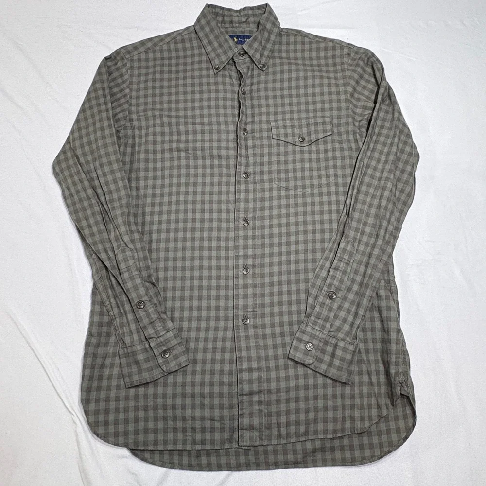 Polo Ralph Lauren Button Down Shirt Mens Small Olive Green Gingham‎ Check Cotton